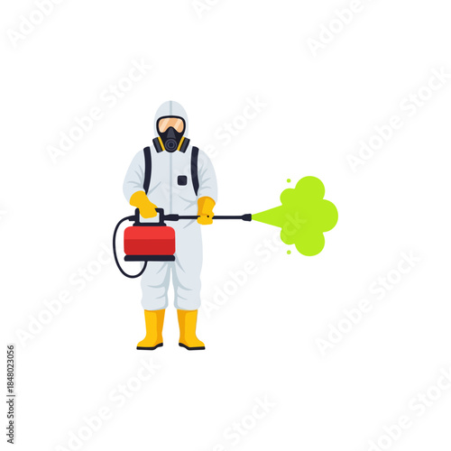 Person in Hazmat Suit Spraying Disinfectant Liquid Vector Illustration, Protective Gear for Disease Control and Sanitation