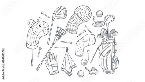 Golf equipment illustration bag clubs balls tee glove towel isolated