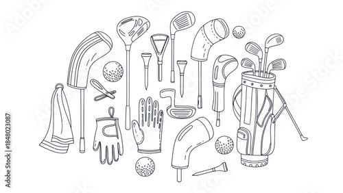 Golf equipment illustration detailed graphic of clubs balls and accessories