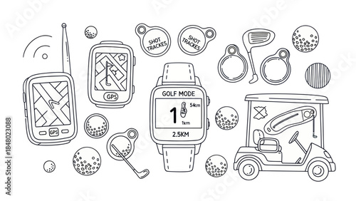 Golf equipment illustration smartwatches gps golf balls and cart