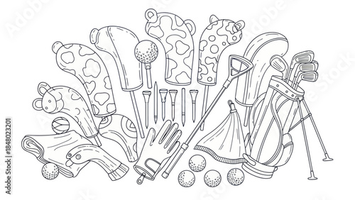 Golf equipment illustration bag clubs golf balls tees glove head covers isolated