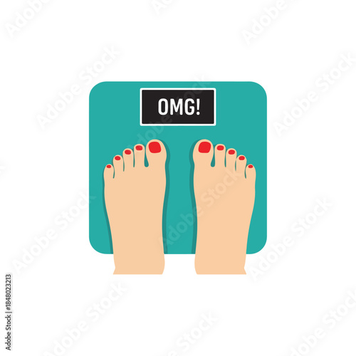 Woman's bare feet, red polished nails, standing on a teal weight scale showing an OMG message