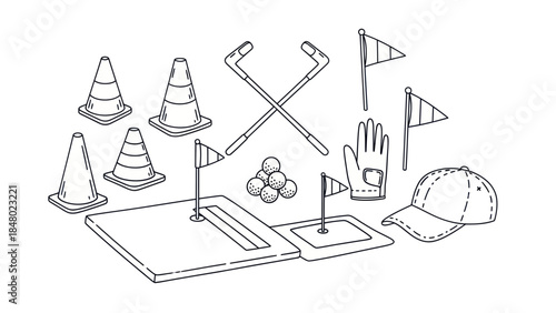 Golf equipment illustration various elements black and white sketch design