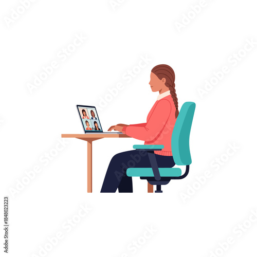 Woman working from home on a video conference call with colleagues on her laptop computer at a desk