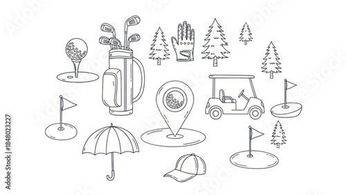 Golfing elements set golf balls clubs cart trees flags and accessories