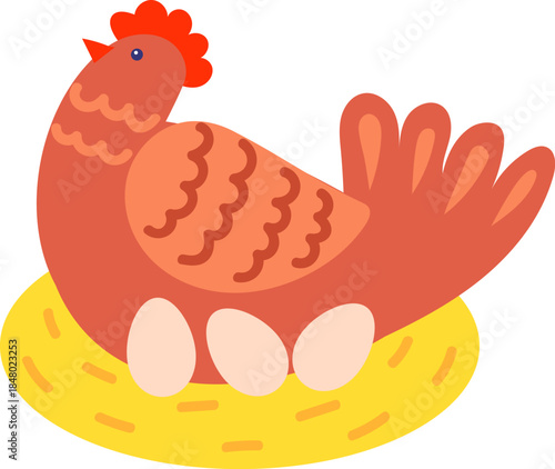 Hen sitting on nest hatching fresh farm eggs