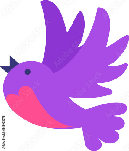 Purple bird flying singing with open beak