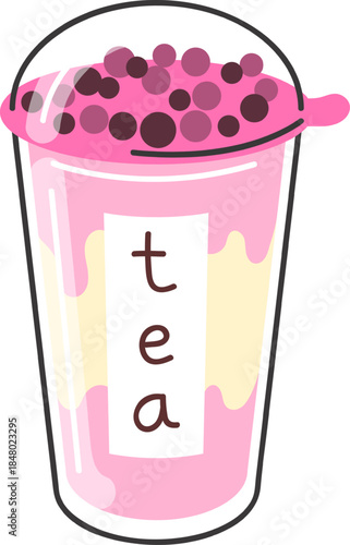 Pink bubble tea refreshing drink with boba pearls
