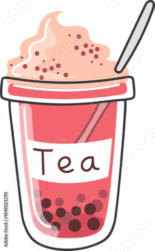 Bubble tea drink with whipped topping and spoon