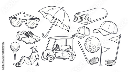 Golfing equipment and accessories illustration in black and white outline