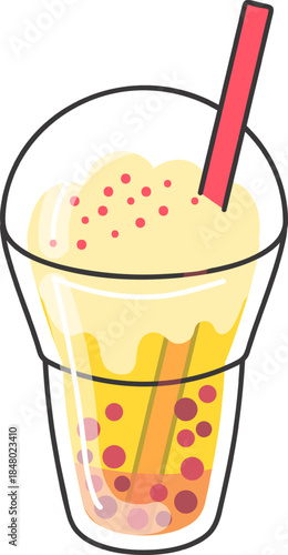 Sweet bubble boba tea drink with topping and straw