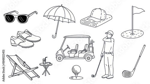Golfing equipment and accessories illustration with outlined line art style