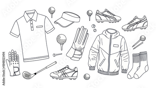 Golf equipment illustration white polo shirt balls shoes and accessories