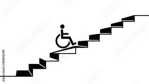 Wheelchair symbol on a ramp leading to stairs