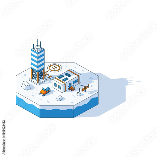 Isometric arctic research station on a snowy island, winter exploration base with communications tower