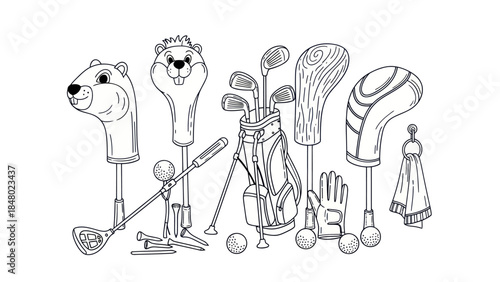 Golf equipment illustration clubs bag and accessories in black and white