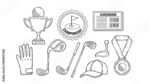 Golfing equipment collection trophy clubs ball and accessories vector illustration