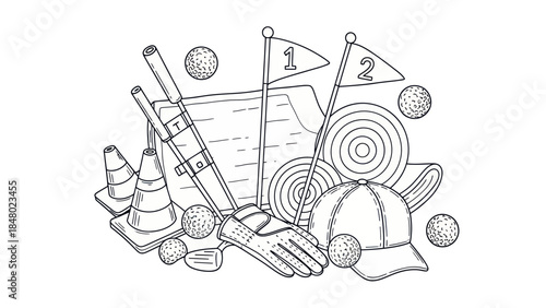 Golfing equipment illustration with flags balls and accessories isolated design