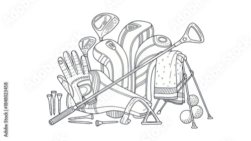 Golf equipment illustration clubs bag balls and accessories against white backdrop