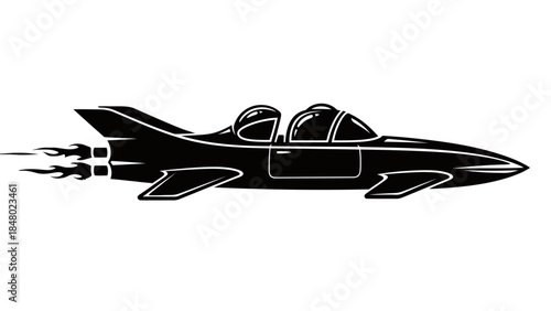 Sleek black twin seater jet with fiery exhaust trails