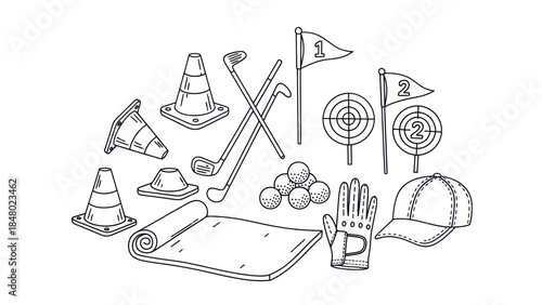 Golfing equipment line art cones clubs balls flags and accessories