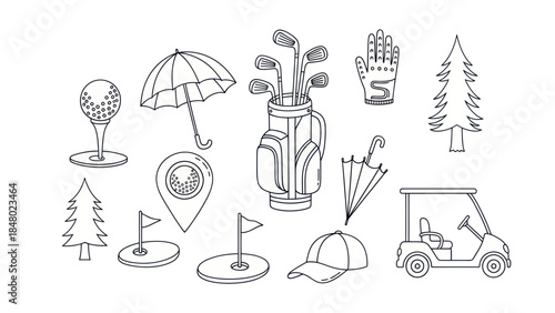 Golfing equipment vector illustration set isolated on white background