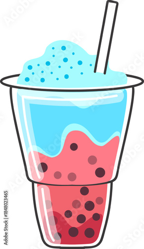 Layered bubble tea drink with straw and topping