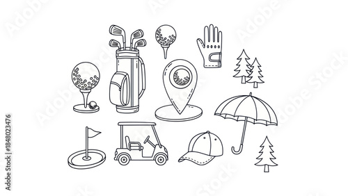 Golfing equipment illustration with various objects in simple outline style