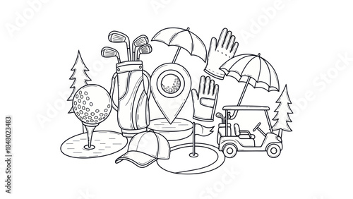 Golfing equipment illustration with course elements and accessories in vector style
