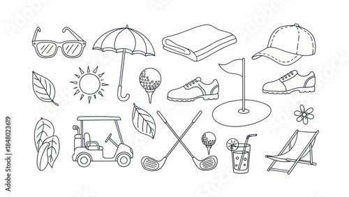 Golfing essentials hand drawn elements of sunglasses umbrella and accessories