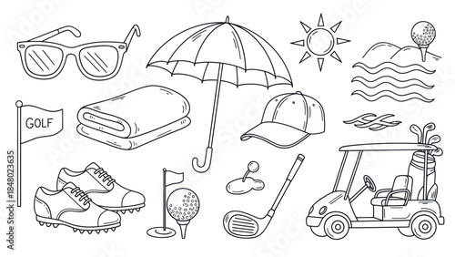 Golfing essentials hand drawn illustrations of equipment and accessories
