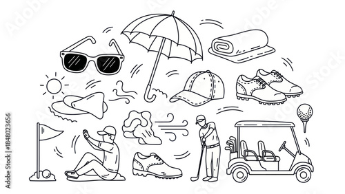 Golfing essentials illustrated in black and white against a white backdrop