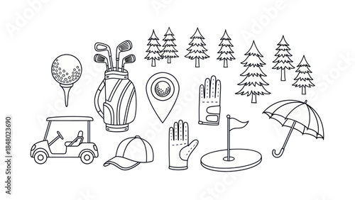 Golfing equipment and elements vector illustration on white background