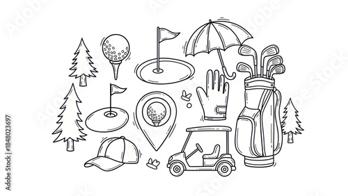 Golfing essentials illustrated ball clubs cart and course elements