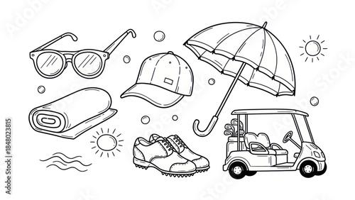 Golfing essentials illustration sunglasses umbrella and golf cart outline