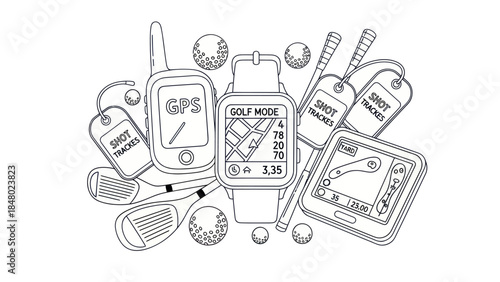 Golfing equipment illustration featuring gps devices and tracking tools
