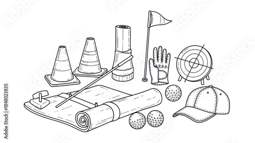 Golf equipment illustration line art black and white isolated
