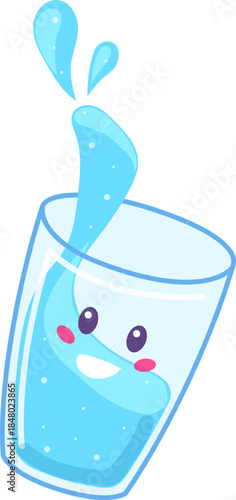 Happy smiling water glass splashing liquid