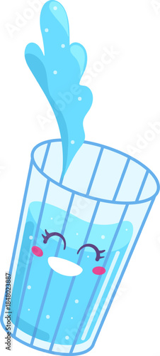 Happy cartoon glass character splashing fresh water