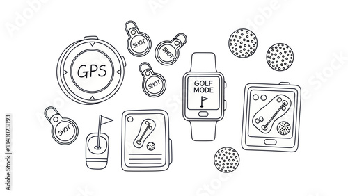 Golfing equipment illustration featuring gps watch golf balls and accessories