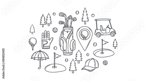 Golfing icon set golf clubs tee flag cart and trees in monochrome