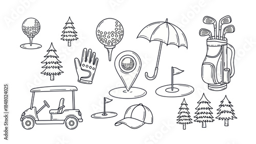 Golfing icon set hand drawn illustrations of golf equipment and symbols