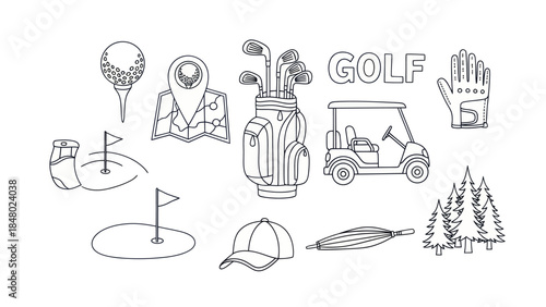 Golfing icon set golf ball clubs cart map and course elements