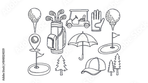 Golfing equipment collection vector illustrations for sporting designs