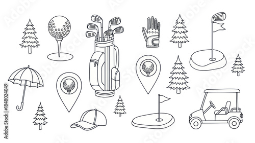 Golfing equipment collection vector illustrations for sport and leisure designs