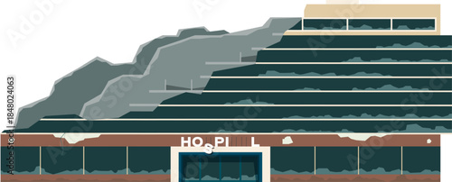 Hospital building experiencing destruction and structural collapse