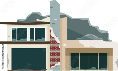 Damaged building showing brick walls and broken windows