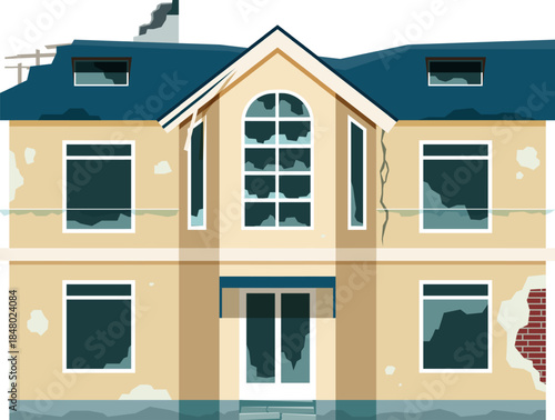 Dilapidated house building showing extensive damage and decay