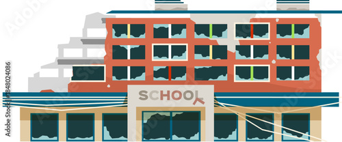 Abandoned school building showing damage and educational loss