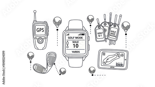 Golfing equipment illustration gps devices smartwatch and accessories